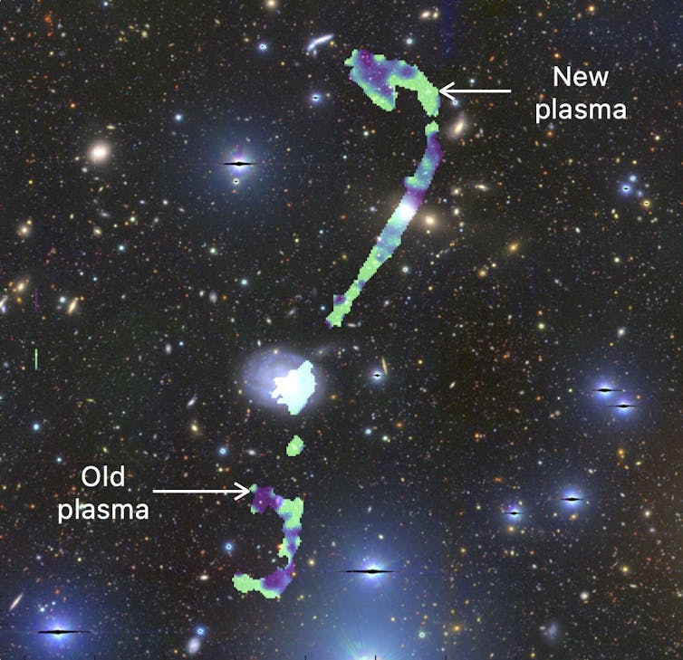 The same map as above but with the red and yellow jets marked in cyan, green and purple